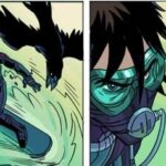 Trois cases de BD montrent un personnage masqué en mouvement et un corbeau