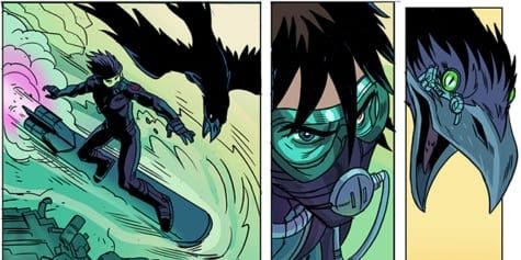 Trois cases de BD montrent un personnage masqué en mouvement et un corbeau
