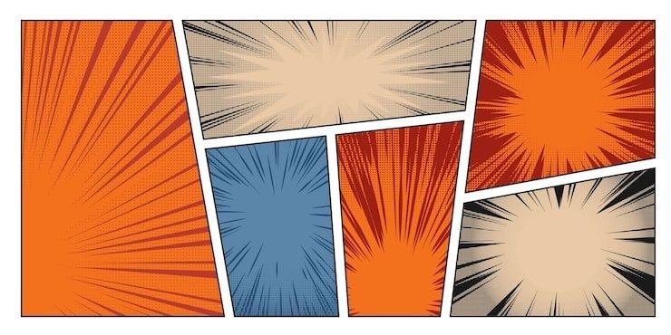 Six cases de bande dessinée abstraites aux motifs rayonnants